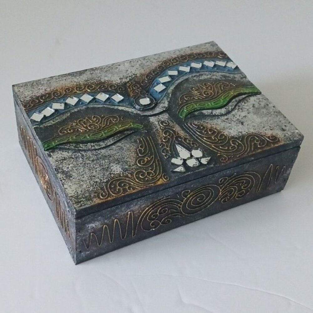 Face of Buddha VTG Wooden Jewelry Box W Mirrors Details 7" x 5" x 2.5" Multy